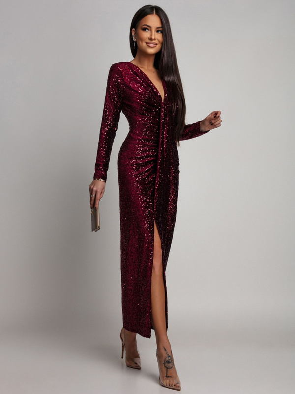 Elegancka Maxi Sukienka Cekinowa Wiola z długim rękawem bordowa