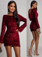 Elegancka Mini Sukienka z dugim rękawem cekinowa Morazio bordowy