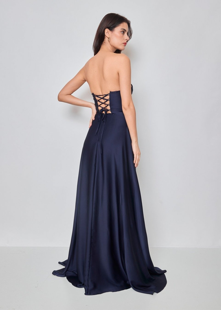 Elegancka  MAXI Sukienka satynowa EMMA granatowa