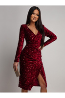 Elegancka Midi Sukienka z dugim rękawem cekinowa Rosalia bordowa