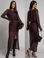 Dopasowana sukienka koronkowa z długim rękawem Makena czekoladowa