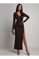 ELEGANCKA SUKIENKA MAXI Z BIŻUTERYJNYM ZDOBIENIEM ELVI  BRĄZOWA
