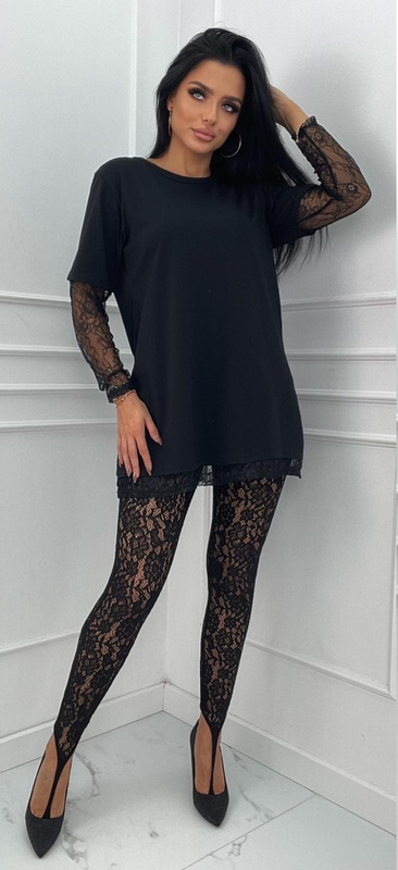 Elegancka bluzka damska z koronką - czarna tunika oversize