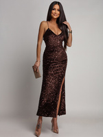 Elegancka Maxi Sukienka cekinowa Mika czekoladowy