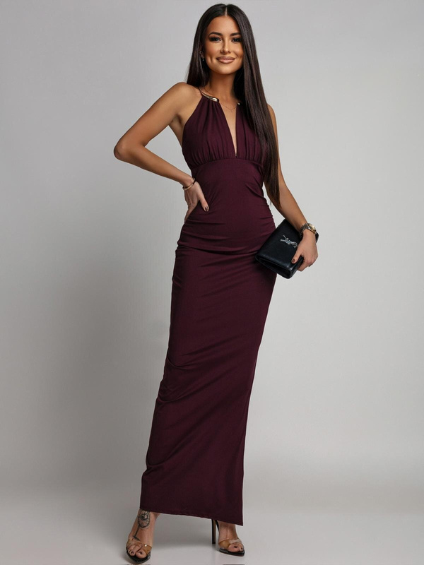 ELEGANCKA SUKIENKA MAXI  ZE ZDOBIENIEM Yoko  bordowa