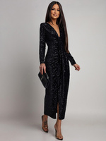 Elegancka Maxi Sukienka Cekinowa Wiola z długim rękawem czarna