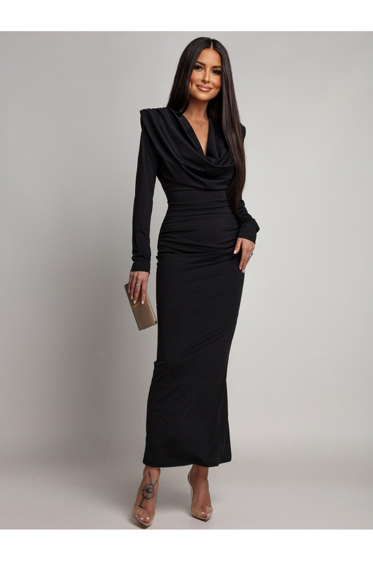 Elegancka Maxi Sukienka z marszczeniem Misty z długim rękawem czarna