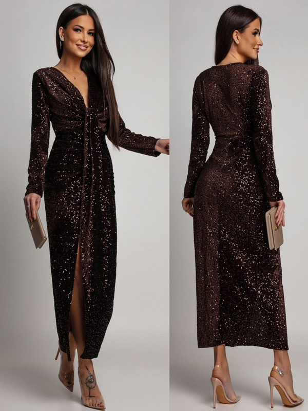 Elegancka Maxi Sukienka Cekinowa Wiola z długim rękawem czekoladowa