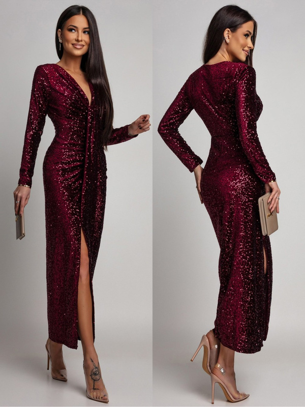 Elegancka Maxi Sukienka Cekinowa Wiola z długim rękawem bordowa