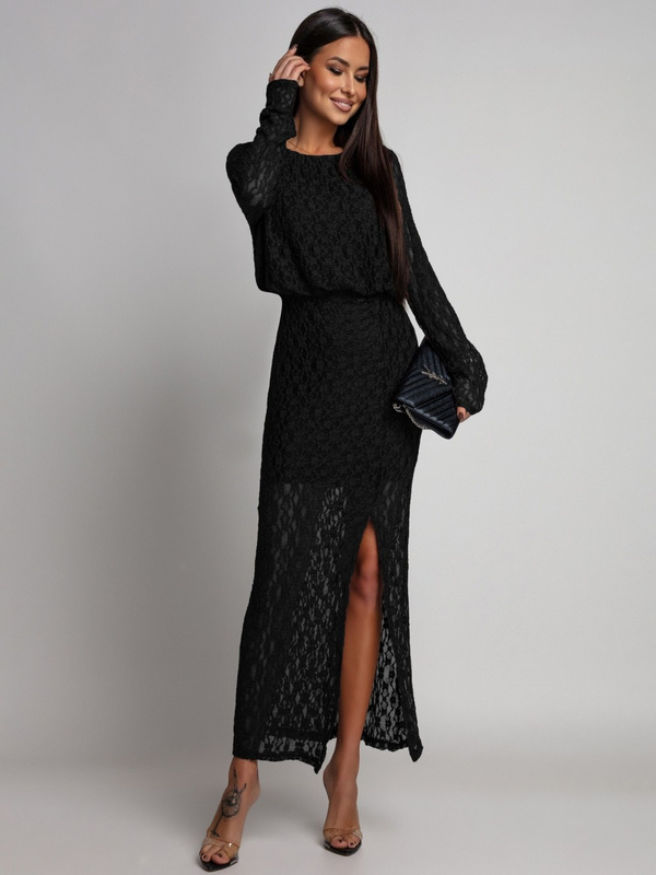 Dopasowana sukienka koronkowa z długim rękawem Makena czarna