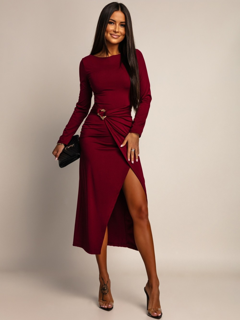 ELEGANCKA SUKIENKA MIDI ZE ZDOBIENIEM Ananya  bordowy