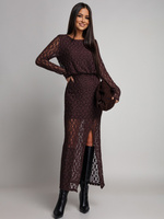 Dopasowana sukienka koronkowa z długim rękawem Makena czekoladowa