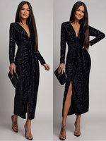 Elegancka Maxi Sukienka Cekinowa Wiola z długim rękawem czarna