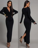 Elegancka Maxi Sukienka z marszczeniem Misty z długim rękawem czarna