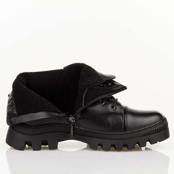 Botki damskie Czarne skórzane trzewiki ocieplane trapery - czarne
