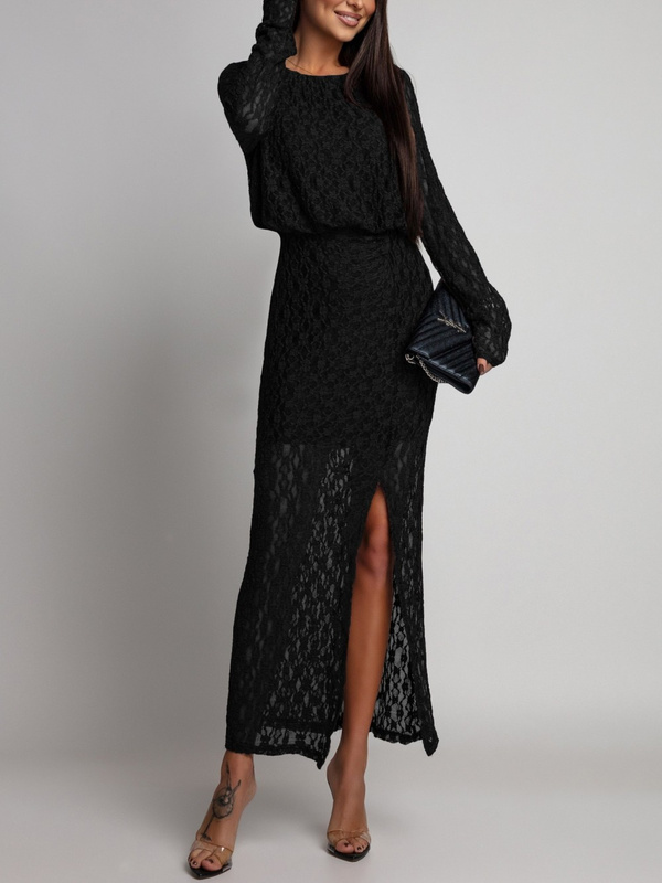 Dopasowana sukienka koronkowa z długim rękawem Makena czarna