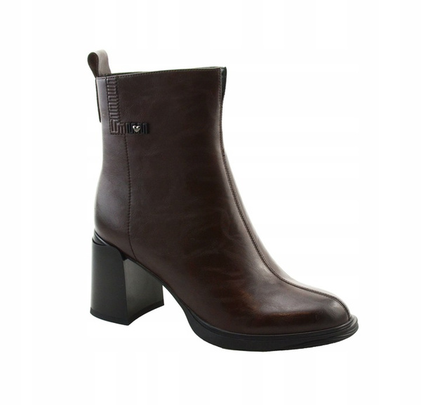 Botki damskie skórzane na obcasie ocieplane brązowe