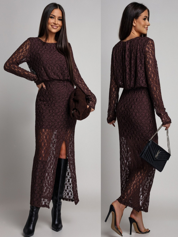 Dopasowana sukienka koronkowa z długim rękawem Makena czekoladowa