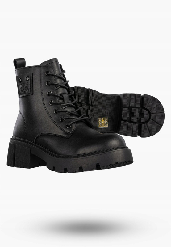 Botki damskie ze skóry naturalnej wysokie sznurowane na klocku czarne