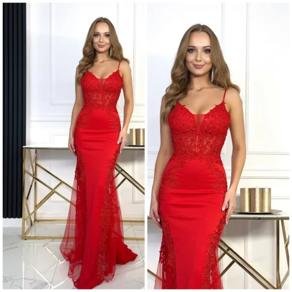 Elegancka Sukienka maxi Boda rybka- czerwony