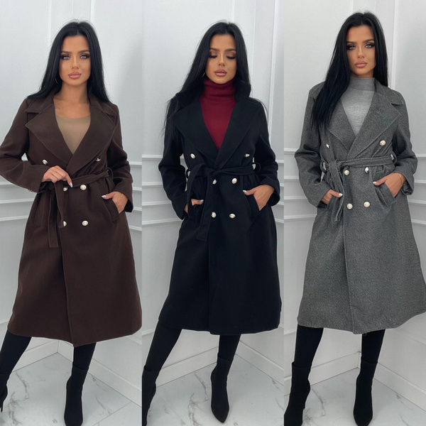 Klasyczny Wiązany Płaszcz Damski Rosi z guzikami  - czarny