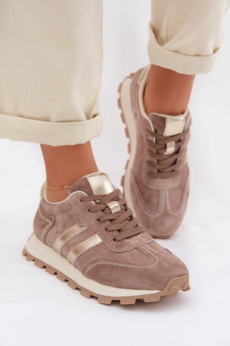 Zamszowe Sneakersy Damskie Na Platformie  Ciemnobeżowe