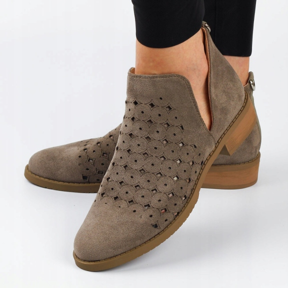 Brązowe ażurowe pólbuty  botki damskie na obcasie 