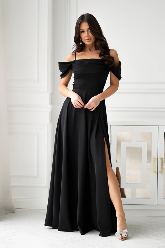 SUKIENKA MAXI Z OPADAJĄCYMI RAMIĄCZKAMI I ROZCIĘCIEM czarny