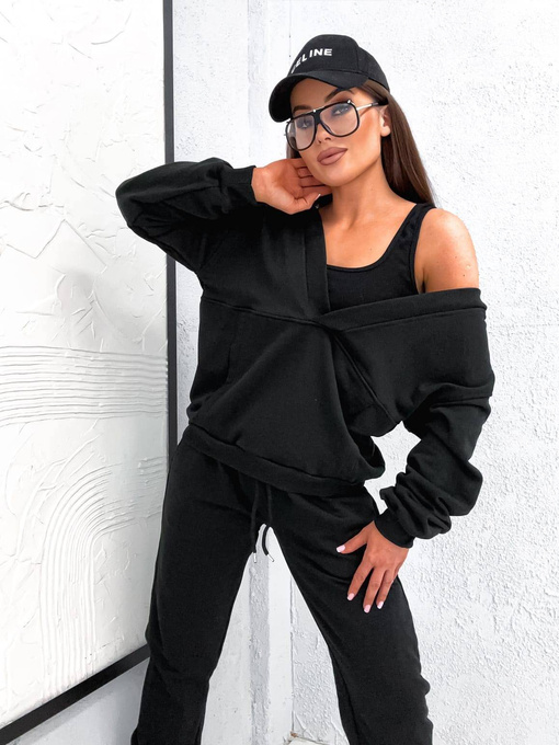 Komplet dresowy set +top bluza z kapturem i spodnie czarny