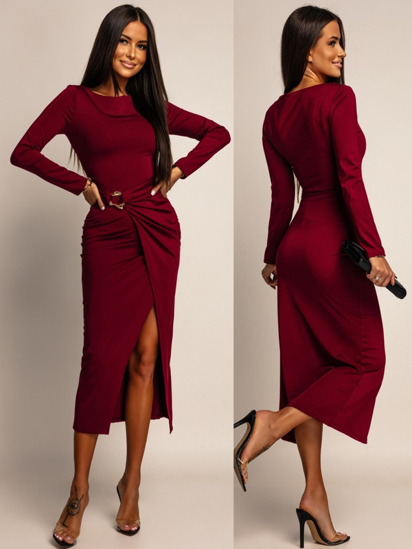 ELEGANCKA SUKIENKA MIDI ZE ZDOBIENIEM Ananya  bordowy