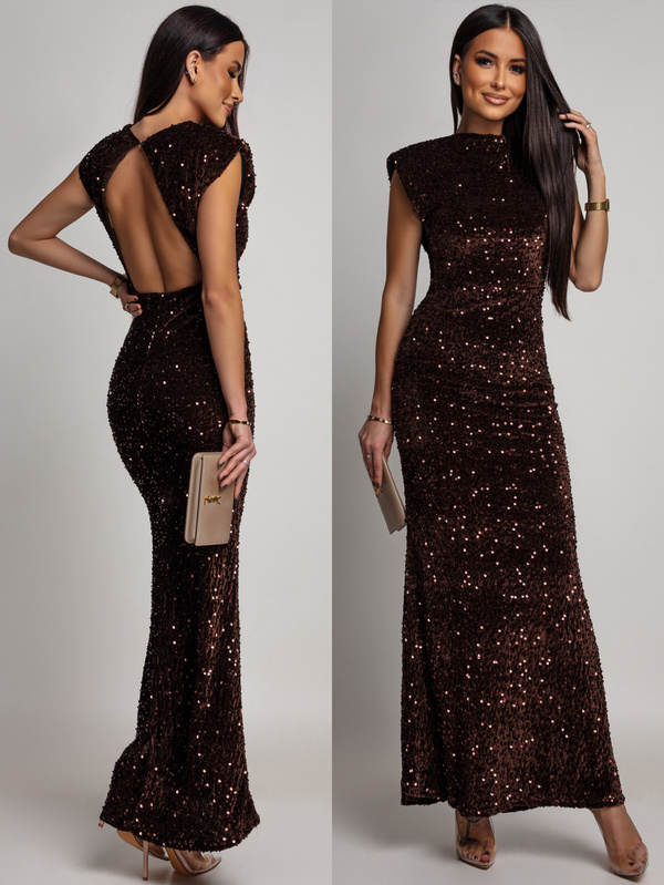 Elegancka Maxi Sukienka cekinowa Cavessa  czekoladowy